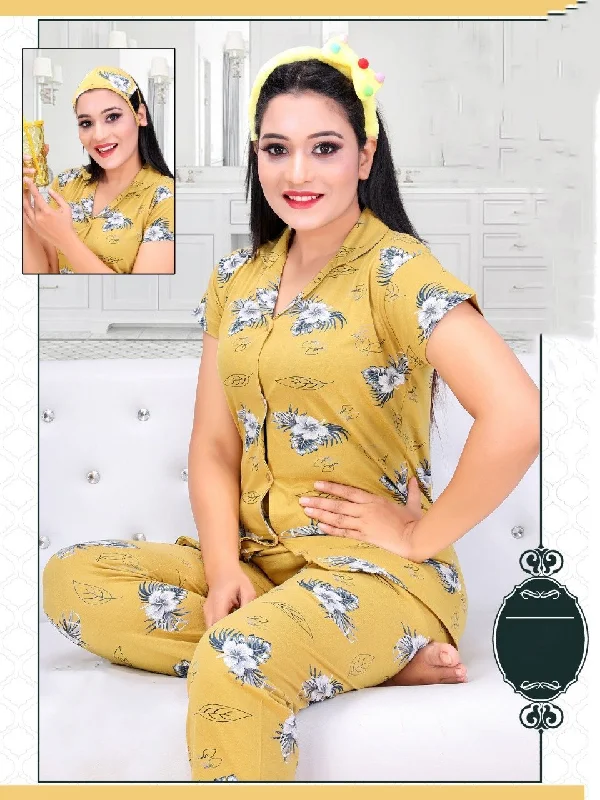 women's pajamas with button-flyPrinted Girls Dark Yellow Cotton Night Suit Top and Pajamas Set