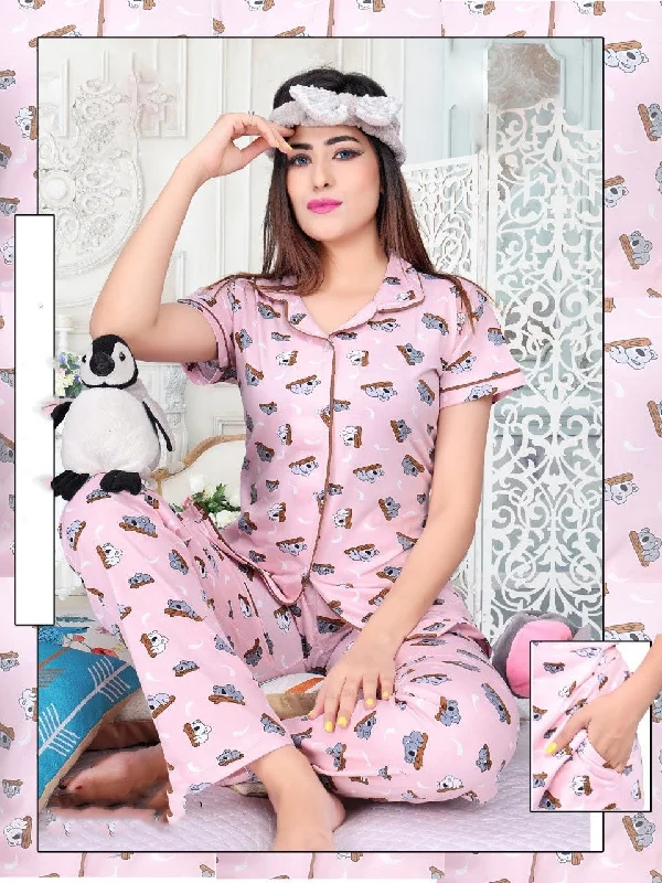 women's pajamas with a sophisticated, modern twistPrinted Top and Pajamas Pink Night Suit Set for Ladies