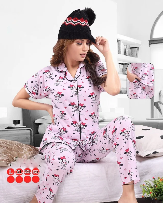 women's pajamas for all-season comfortPrinted Cotton Pink Women Night Suit Set with Pockets