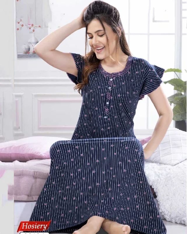 women's pajamas with snap buttonsDark Blue Printed Cotton Maxi Nightdress for Ladies